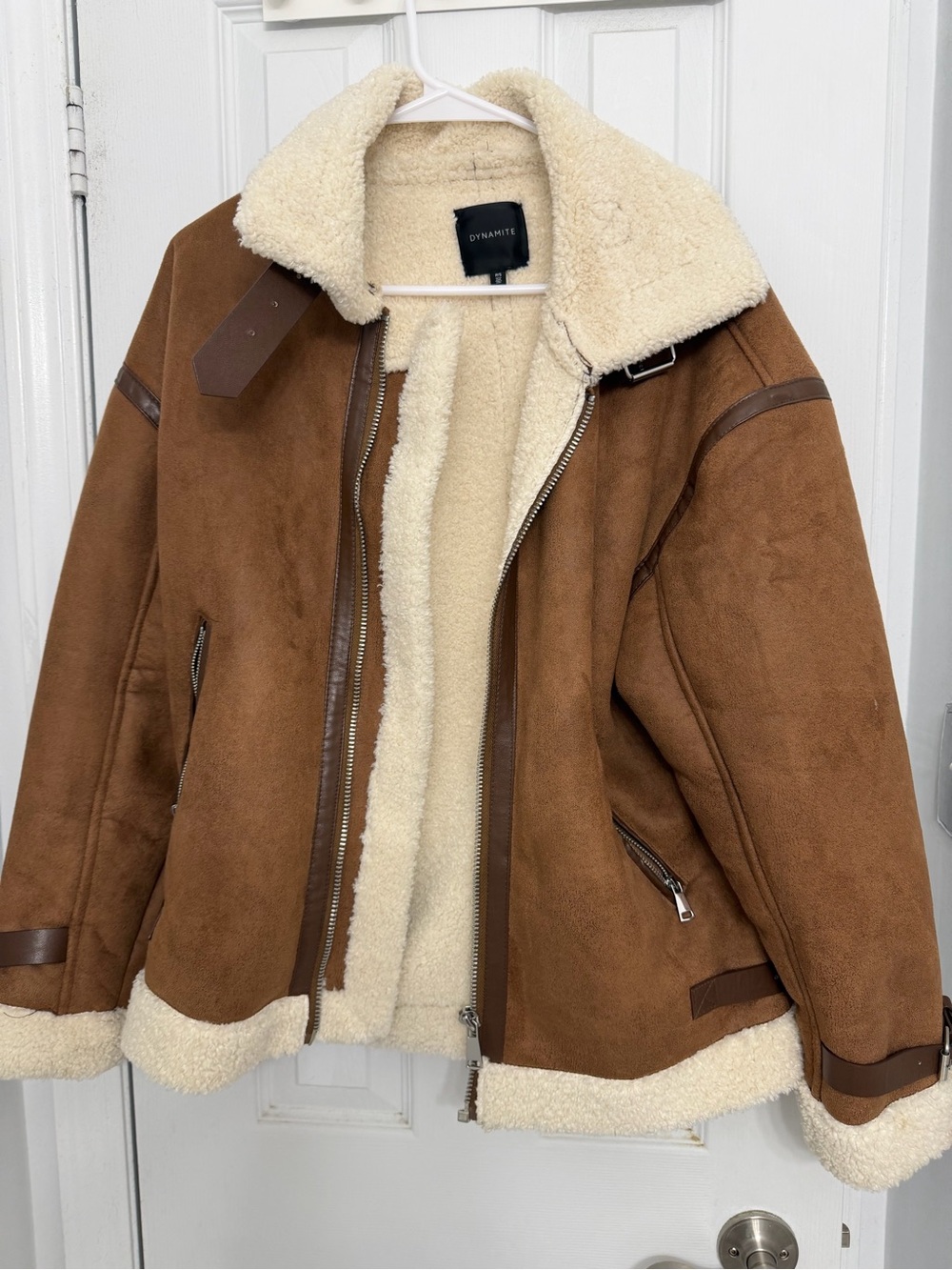 Dynamite Brown Suede Bomber Jacket with Cream Sherpa